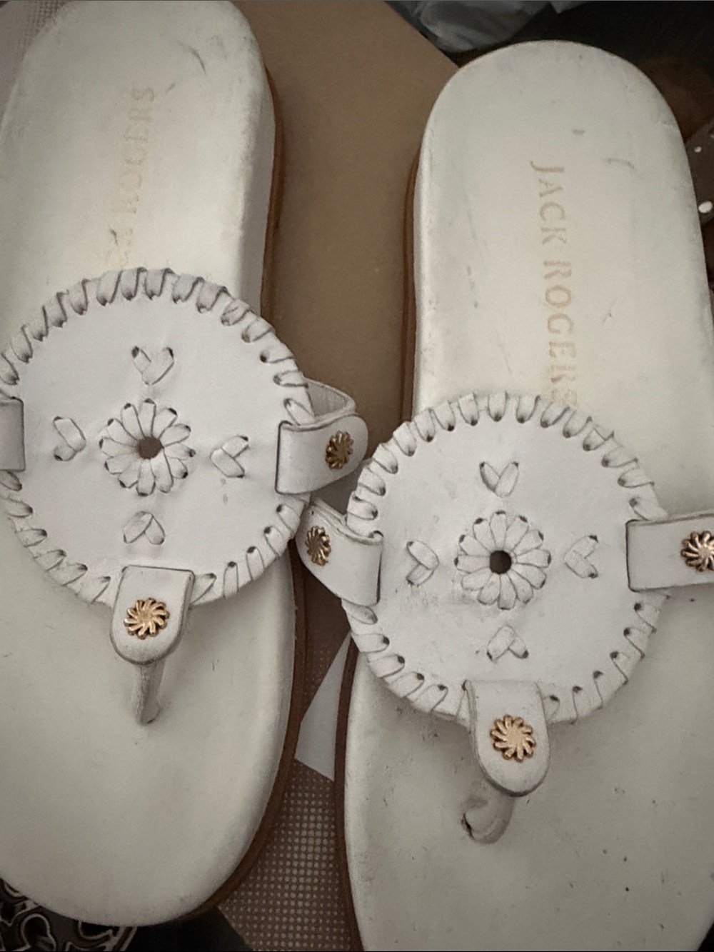 Jack Rogers White Leather Thong Sandals with Gold-Tone Medallions